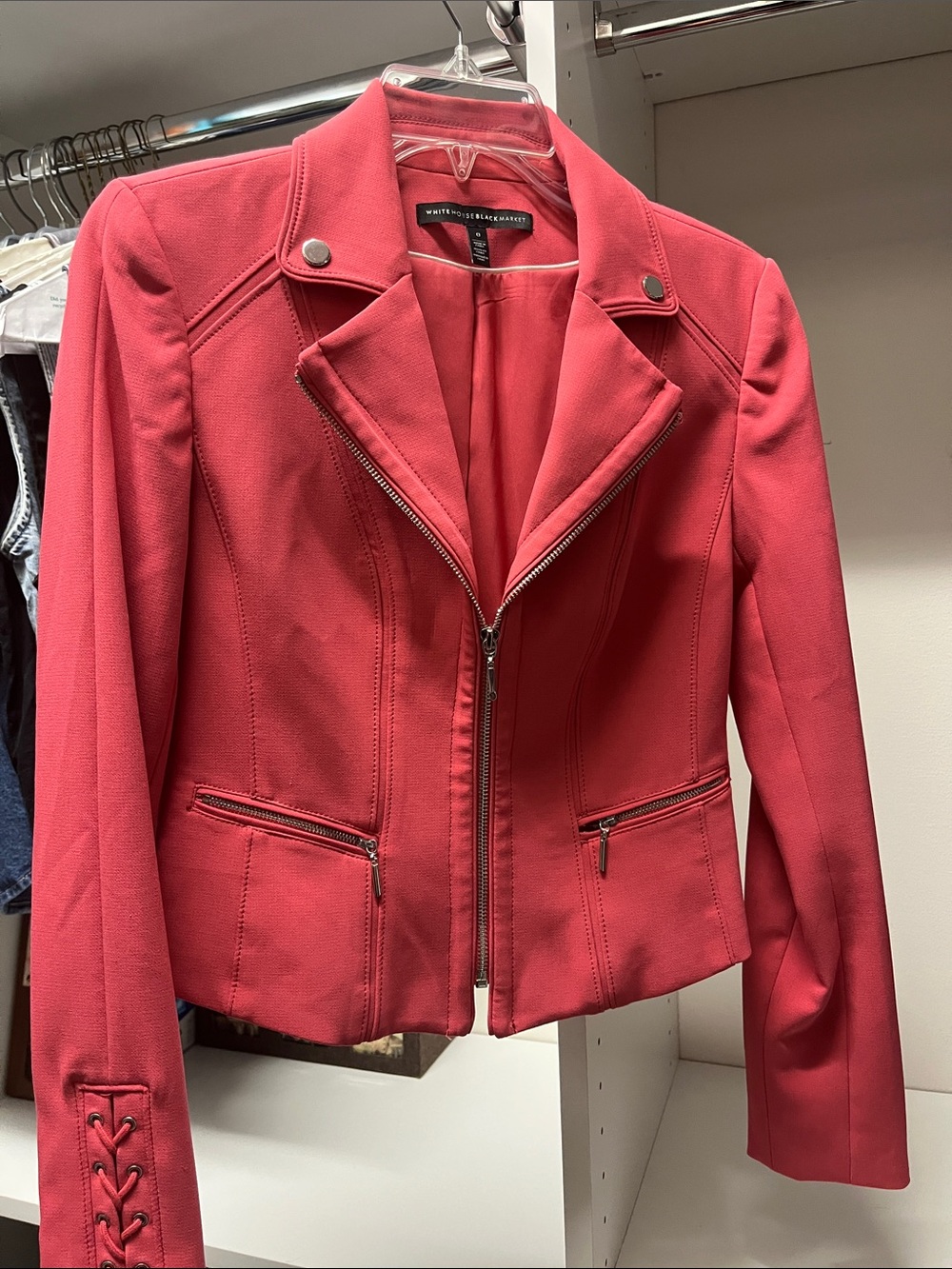 White House Black Market Coral-Red Moto Blazer with Zip Details